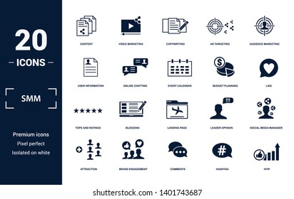 Smm icons set collection. Includes simple elements such as Content, Video Marketing, Copywriting, Ad Targeting, Audience Marketing, Blogging and Landing Page premium icons.