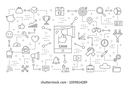 SMM icons set. Linear illustrations on white.