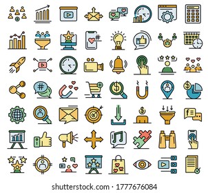 Conjunto de iconos Smm. Conjunto de esquemas de iconos vectoriales smm color de línea delgada plano sobre blanco