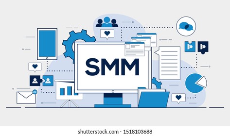 SMM illustration with monitor and different marketing tools around composed in pattern. Folders, smartphone, lines, messages, avatars. likes, followers. Flat vector outline illustration