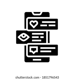tipo smm como ver y comentar pantalla de teléfono glifo vector de icono. símbolo smm como ver y comentar el signo de la pantalla del teléfono. símbolo de contorno aislado ilustración negra