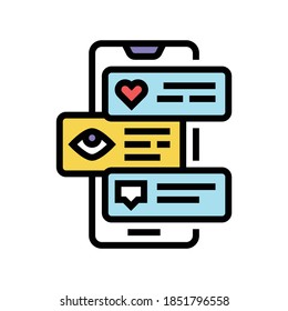 vector de color de la pantalla del teléfono de tipo smm y de la vista de comentarios. símbolo smm como ver y comentar el signo de la pantalla del teléfono. ilustración de símbolo aislado