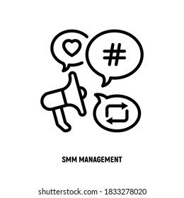 Icono de línea delgada de administración de SMM: magaphone con burbujas de voz que contiene hashtag, repost, corazón. Estrategia digital. Ilustración vectorial. 