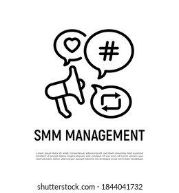 SMM management thin line icon: magaphone with speech bubbles that contains hashtag, repost, heart. Digital strategy. Vector illustration. 