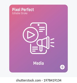 SMM management thin line icon: smartphone with megaphone and play button. Digital strategy. Pixel perfect, ediatble stroke. Vector illustration. 