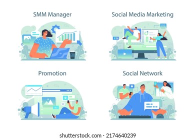 SMM manager concept set. Social media marketing specialist advertising a business in the internet through social networks. Content management and brand promotion. Flat vector illustration