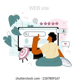 Servicio o plataforma online de SMM manager. Especialista en marketing de medios sociales publicitando un negocio a través de redes sociales. Sitio web. Ilustración vectorial plana