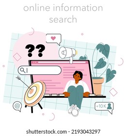 SMM manager online service or platform. Social media marketing specialist advertising a business through social networks. Online search. Flat vector illustration