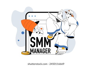 SMM manager perfila el concepto moderno del Web en el diseño de la línea plana. Hombre analizando tendencias de medios sociales y creando contenido digital en blogs. Ilustración vectorial para el Anuncio de medios sociales, material de marketing.
