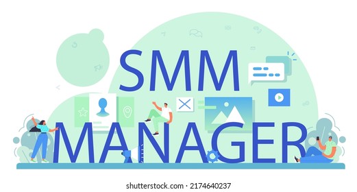 SMM manager typographic header. Social media marketing specialist advertising a business in the internet through social networks. Content management and brand promotion. Flat vector illustration