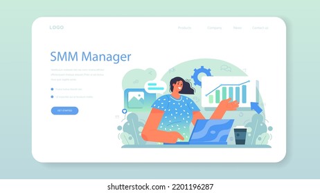 SMM manager web banner or landing page. Social media marketing specialist advertising a business through social networks. Content management and brand promotion. Flat vector illustration