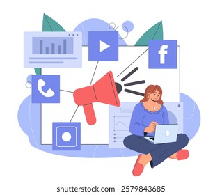 SMM manager woman. Young girl using laptop creates interesting content for social networks. Promotion on Internet and social media. Freelancer and remote worker. Flat vector illustration