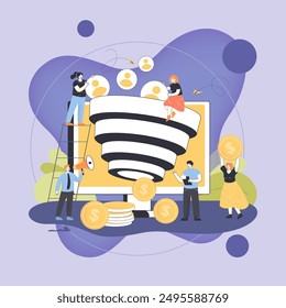 SMM managers attracting new followers flat vector illustration. Tiny people generating new subscribers or audience using funnel sales, increasing conversion rates. Social media, monetization concept