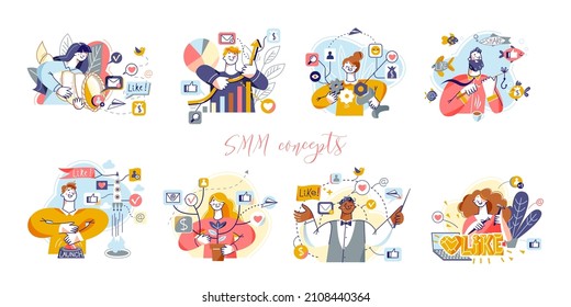 Smm managers work with creative content and loyalty audience set vector illustration. Cartoon multitasking people share posts, influence with ideas and launch rocket campaign isolated on white