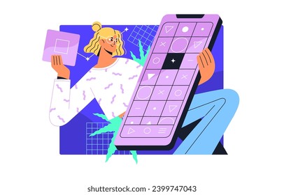 SMM, marketing business concept. Content manager edit, share information in online app. UI designer adds element in digital interface. Tiny girl holds smartphone. Flat isolated vector illustration