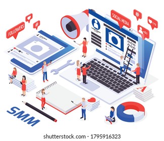 SMM marketing promotion symbols isometric composition with social media groups friends followers like sharing products vector illustration