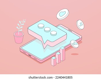 SMM Marketing - social media promotion, comment and like, cross-posting, digital marketing, smm and mobile post sharing. Social media engagement smm isometric flat design outline icon illustration