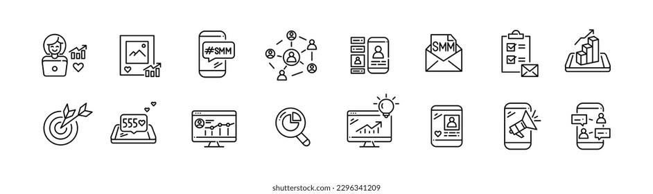 SMM marketing strategies and ideas. Use of social media for growing your business. Pixel perfect, editable stroke icons set