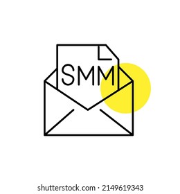 SMM marketing por correo electrónico. Icono de línea de dibujo de píxeles perfecto, modificable
