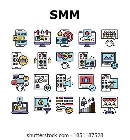 Smm Media Marketing Collection Icons Set Vector. Robotic Winding Up Likes And Viewing, Social Advertising And Promotion, Smm Service Concept Linear Pictograms. Color Contour Illustrations