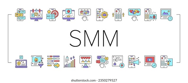 Smm Media Marketing Collection Icons Set Vector. Robotic Winding Up Likes And Viewing, Social Advertising And Promotion, Smm Service Concept Linear Pictograms. Color Contour Illustrations