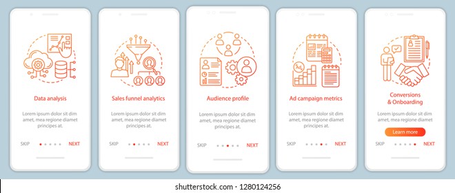 SMM metrics courses onboarding mobile app page screen vector template. Social media marketing and promotion. Sales conversions metrics. Walkthrough website steps. UX, UI, GUI smartphone interface