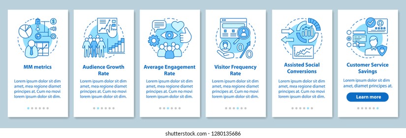 SMM metrics onboarding mobile app page screen with linear concepts. Sales conversion rate. Website traffic walkthrough steps graphic instructions. UX, UI, GUI vector template with illustrations