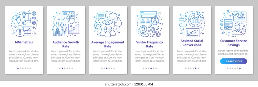 SMM metrics onboarding mobile app page screen with linear concepts. Audience growth rate. Website traffic walkthrough steps graphic instructions. UX, UI, GUI vector template with illustrations