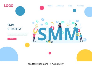 SMM metrics word for landing page web site or banner template. Digital marketing flat vector illustration. Cartoon people team work on internet content promotion and social media viral meme creation