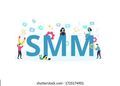 SMM metrics word for landing page web site or banner template. Digital marketing flat vector illustration. Cartoon people team work on internet content promotion and social media viral meme creation