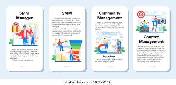 Juego de banners para aplicaciones móviles SMM. Marketing en medios sociales, publicidad de negocios en internet a través de redes sociales. Administración de contenido. Ilustración plana aislada