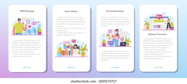Juego de banners para aplicaciones móviles SMM. Marketing en medios sociales, publicidad de negocios en internet a través de redes sociales. Administración de contenido y promoción de marca. Ilustración vectorial plana