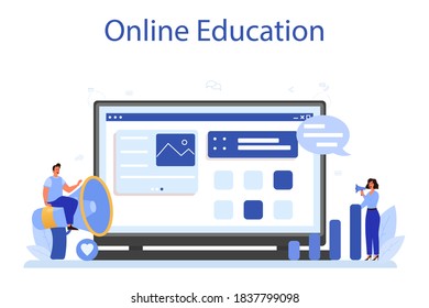 SMM online service or platform. Advertising of business in the internet through social network. Online education. Isolated flat illustration