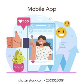 SMM online service or platform. Social media marketing, advertising of business in the internet through social media. Mobile app. Vector illustration