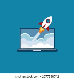SMM. Promotion in social networks. blue background. Rocket, start up.