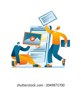 El equipo de promoción de SMM desarrolla un plan de contenido para el desarrollo de la cuenta de la empresa. El concepto de ilustración vectorial sobre el tema de la promoción en las redes sociales.