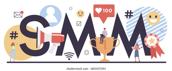 SMM promotion typographic header. Customer attention and business communication. Marketing and advertising strategy. Search engine optimization for website and social media. Vector flat illustration