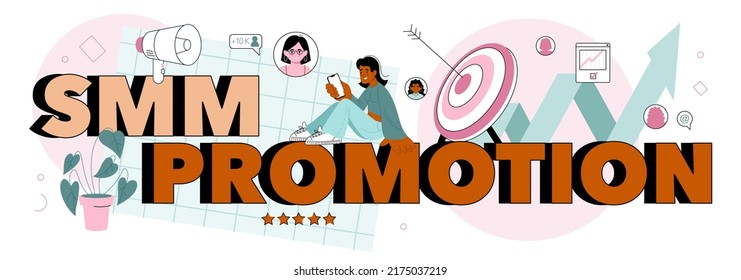 SMM promotion typographic header. Social media marketing specialist advertising a business through social networks. Content management and brand promotion. Flat vector illustration