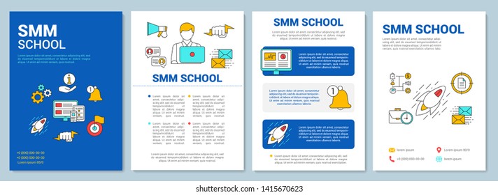 SMM school blue background brochure template layout. Flyer, booklet, leaflet print design with linear illustrations. Vector page layouts for magazines, annual reports, advertising posters