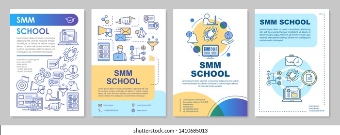 SMM school brochure template layout. Flyer, booklet, leaflet print design with linear illustrations. Marketing courses vector page layouts for magazines, annual reports, advertising posters