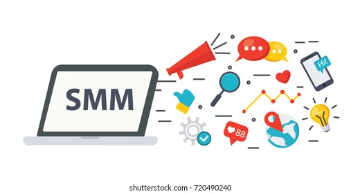 SMM and SEO banner. Can used in advertising in social network. Made in flat style.