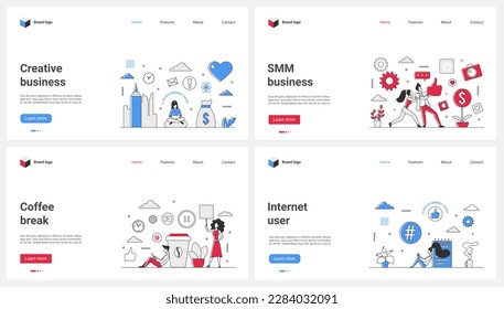 SMM service, analysis and website optimization, business process and coffee break set vector illustration. Cartoon tiny people promote viral digital content online, work with clients in social media