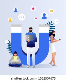 SMM. Social media concept with characters. Vector illustration of a big magnet attracts likes, followers. Influencer, blogger creating online content. Media marketing, SEO, content manager job