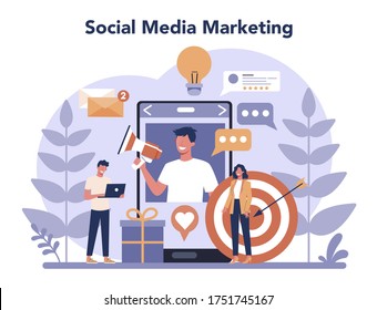 El concepto de marketing en medios sociales SMM. Publicidad de negocios en internet a través de redes sociales. Me gusta y comparte contenido. Ilustración plana aislada