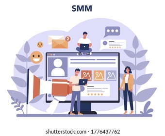 SMM social media marketing concept. Advertising of business in the internet through social network. Like and share content. Isolated flat illustration