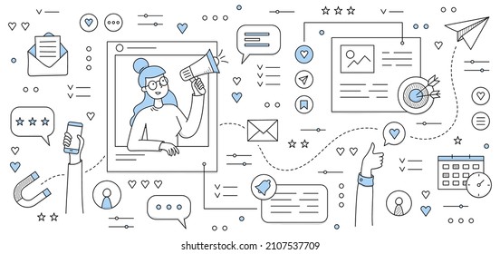 SMM, concepto de marketing en medios sociales con mujer con megáfono y símbolos de publicidad en Internet. Ilustración vectorial de doodle con iconos de mensaje, imán, calendario, destino, gráficos y correo electrónico