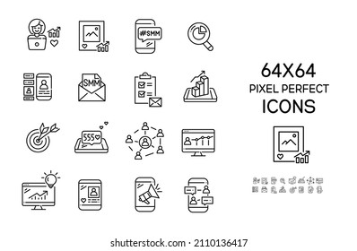 SMM social media marketing and content management related icons. Pixel perfect, editable stroke 64x64 icons set
