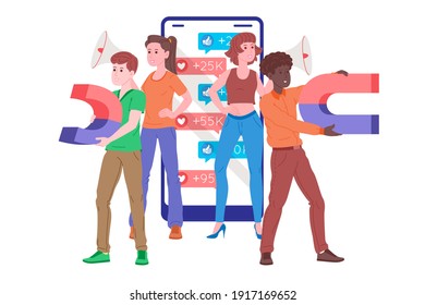 Smm, social media marketing, digital promotion on the internet, social network. Smm agency banner. Woman and men attracts hearts and likes with a magnet. Cartoon vector illustration for advertising.