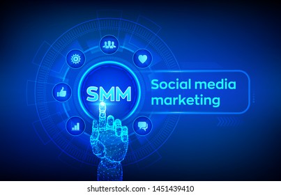SMM. Social media marketing. Likes, comments, followers and message icons on virtual screen. Robotic hand touching digital interface. Business and internet concept. Vector illustration.