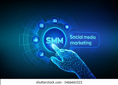 SMM. Social media marketing. Likes, comments, followers and message icons on virtual screen. Robotic hand touching digital interface. Business and internet concept. Vector illustration.